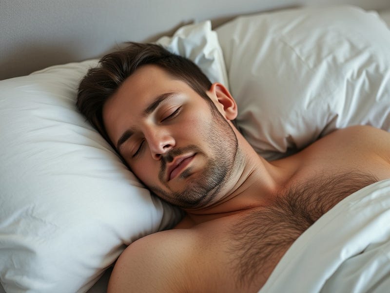 A picture of a person uncomfortably sleeping on their right side with only one pillow propping up their head and chest.