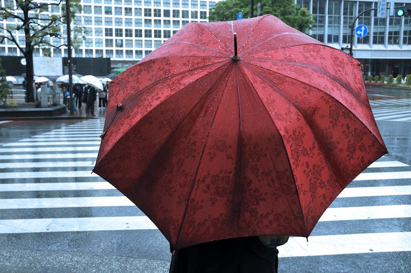 A woman holds a red umbrella during Japan’s rainy season