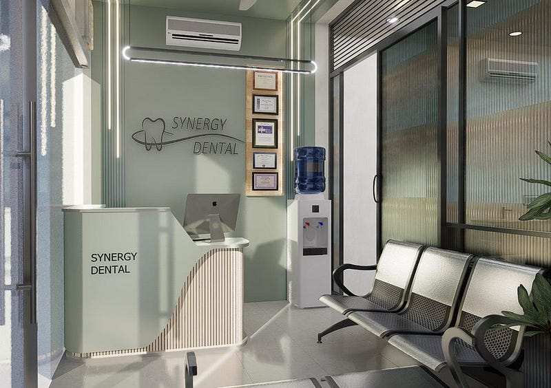 This modern dental clinic interior design showcases a well-planned reception and waiting area created for patient comfort and operational efficiency. Soft pastel green wall finishes, a sleek reception counter, and warm LED lighting establish a calm, professional atmosphere. Frosted glass partitions enhance privacy without blocking visual flow. Ergonomic seating, indoor plants, and intelligent space planning make this clinic ideal for healthcare interior design in Noida.