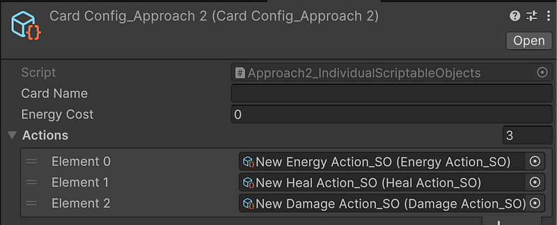 Unity Inspector showing a CardConfig ScriptableObject referencing individual CardAction asset files via object fields