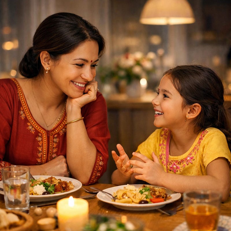 “Parent and child sharing stories from the day — remember to remember strategy”