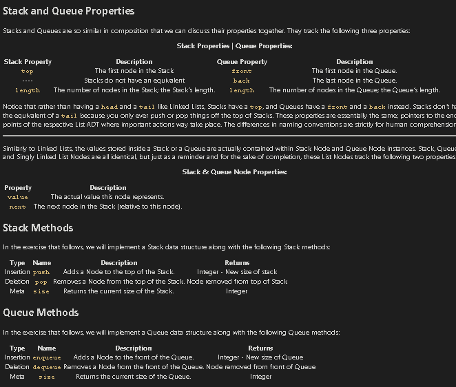 Stacks and Queues are so similar in composition that we can discuss their properties together. They track the following three properties:
 
 Stack Properties | Queue Properties:
 
 Stack Property Description Queue Property Description
 top The first node in the Stack front The first node in the Queue.
 — — Stacks do not have an equivalent back The last node in the Queue.
 length The number of nodes in the Stack; the Stack’s length. length The number of nodes in the Queue; the Queue’s length.
 N