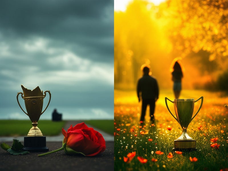 A split picture. On the left-hand side, it depicts tough moments—heartbreak, failure, and loss (dark sky, broken cup, dead rose). On the right-hand side, it shows how the left-hand side depictions might have a purpose (poppies, golden cup in a lush field, young lovers walking through the golden meadow).