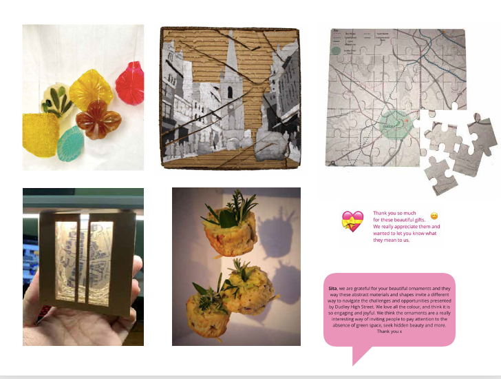 5 images of creative gifts for the high st created by students using sweets, foraged food, jigsaw maps and cardboard collages