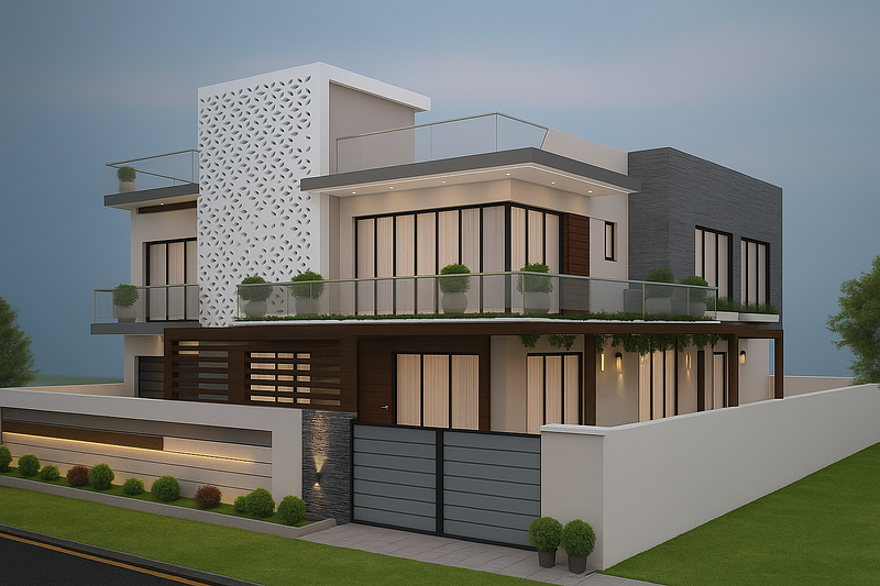 Explore this stunning modern house exterior design in Aligarh — featuring a contemporary double storey home with decorative white jali facade, floor-to-ceiling glass windows, glass railing balcony, premium wooden accents, ambient lighting & lush green landscaping. A perfect example of luxury residential construction blending smart architecture with elegant craftsmanship. Your dream home starts here! 🏡