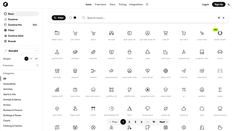 1,600+ icons in regular and solid styles. Best for general-purpose web and app design.