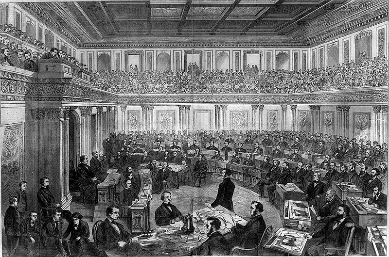Depiction of the impeachment trial of President Andrew Johnson, in 1868, Chief Justice Salmon P. Chase presiding. (Image source page: Wikipedia (public domain))