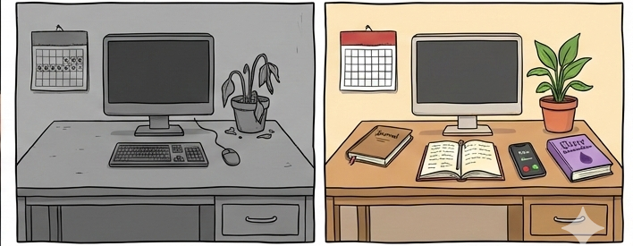 Before/after split: Top-left 'The Void'—empty IDE/terminal (0 notifications), crossed-out calendar, silent phone, wilting plant. Bottom-right 'Path Forward'—Phoenix/Elixir docs open, notebook notes, call to 'Mom', healthy plant