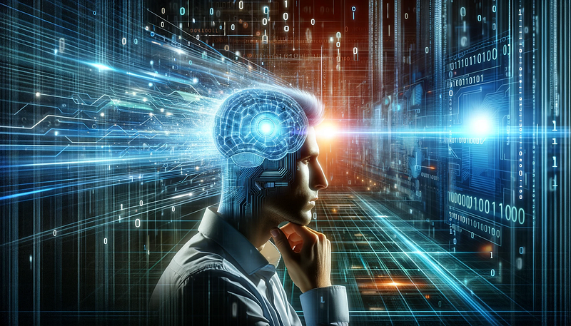Skillsets for AI - Enhancing Human Intelligence A man in deep thought with a digital brain overlay, surrounded by futuristic data visuals and binary code, symbolizing the integration of AI and human intelligence.