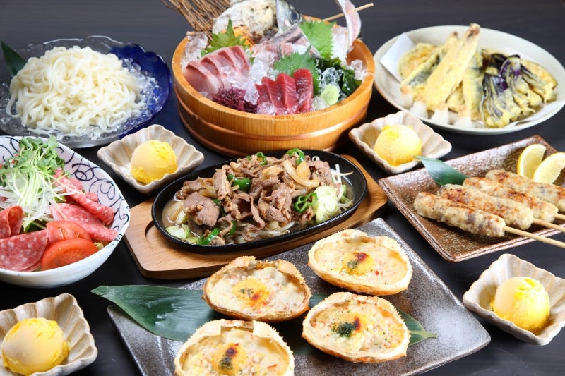 An array of traditional Japanese foods at a ryokan in the Japanese countryside