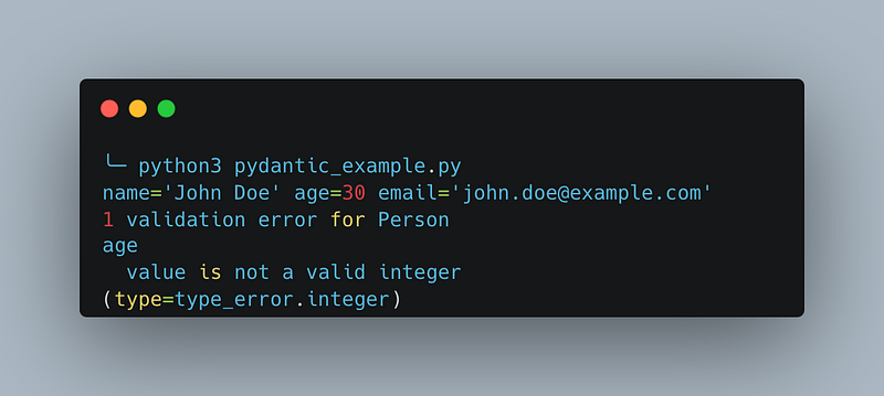 A screenshot of a terminal after running the Pydantic example, it shows that the age attribute of the Person could not be converted to an integer.