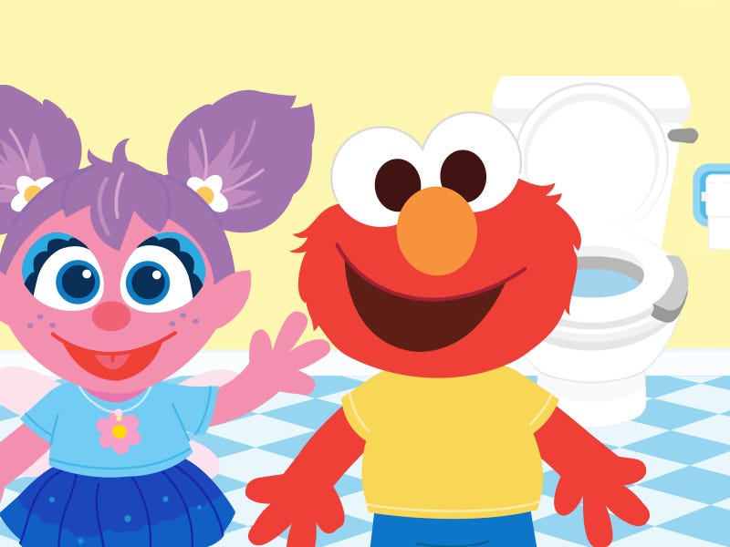 Abby Cadabby and Elmo smile in front of a toilet in a bathroom