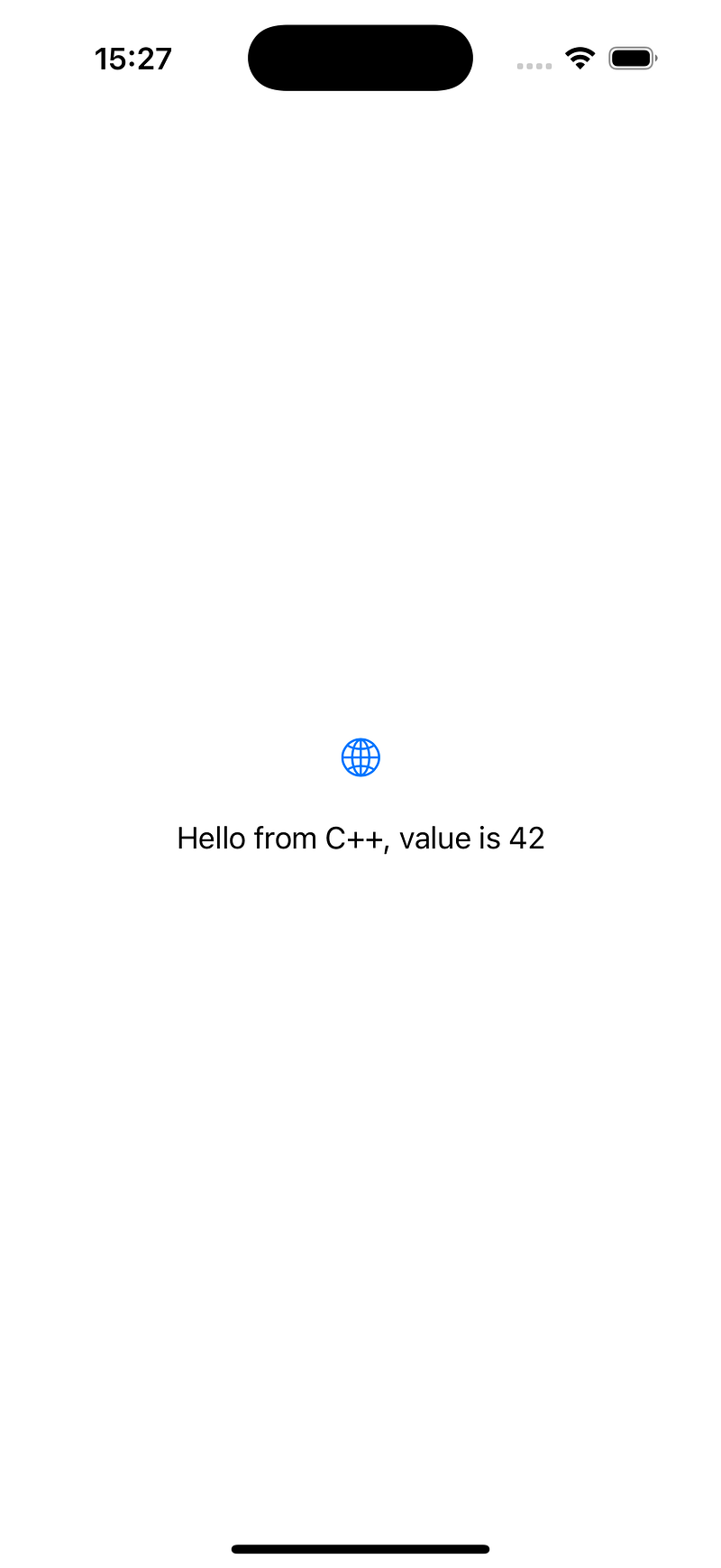 iOS simulator showing C++ code execution with Hello message
