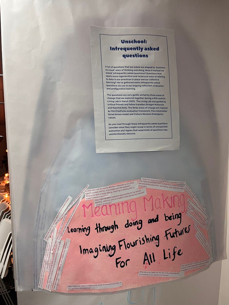 ‘Infrequently asked questions’ layer of Dudley People’s School for Climate Justice counter-map — tracing paper suspected from the ceiling with the questions organised around a stories of change framing.