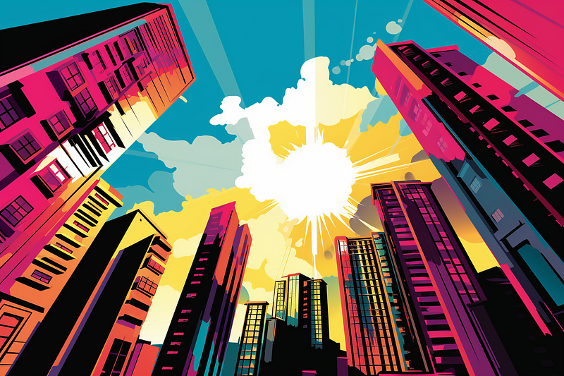 pop art illustration, looking up at several tall office buildings signaling success