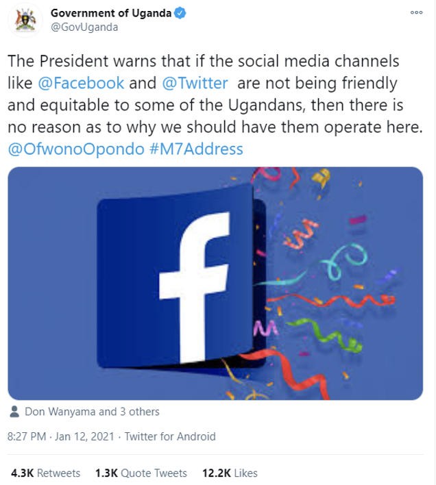 The verified account of the government of Uganda stated that social media platforms would be banned in the country after NRM-linked accounts were taken down. (Source: @GovUganda/archive)