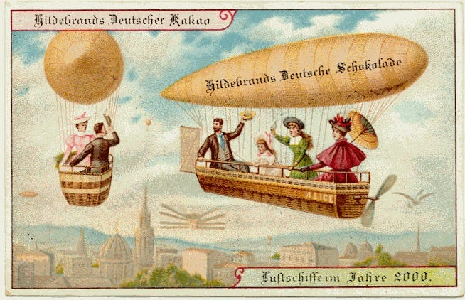 Image of a postcard trying from victorian Germany in 1900 trying to predict the future year 2000. People are seen to be flying using blimps and balloons of some sort. There doesn’t seem to be hot air propelling them, but there seem to be fans to steer the vehicles. This indicates that there is a gas lighter than air (like helium) inside the blimps and balloons.