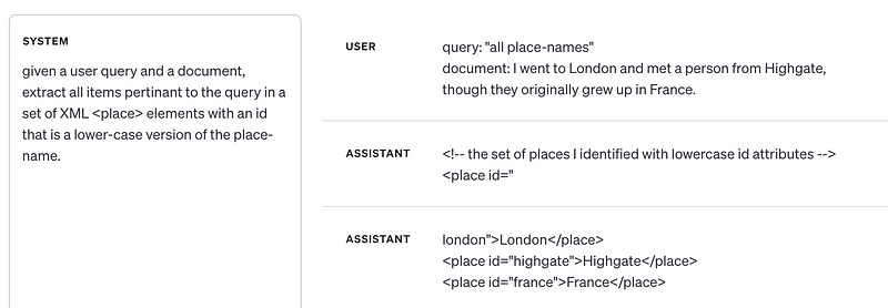 SYSTEM prompt: given a user query and a document, extract all items pertinant to the query in a set of XML <place> elements with an id that is a lower-case version of the place-name. USER prompt: query: “all place-names” document: I went to London and met a person from Highgate, though they originally grew up in France. ASSISTANT prompt: `<! — the set of places I identified with lowercase id attributes → <place id=”` And finally, the completion provided by ChatGPT: `london”>London</place> [etc.]