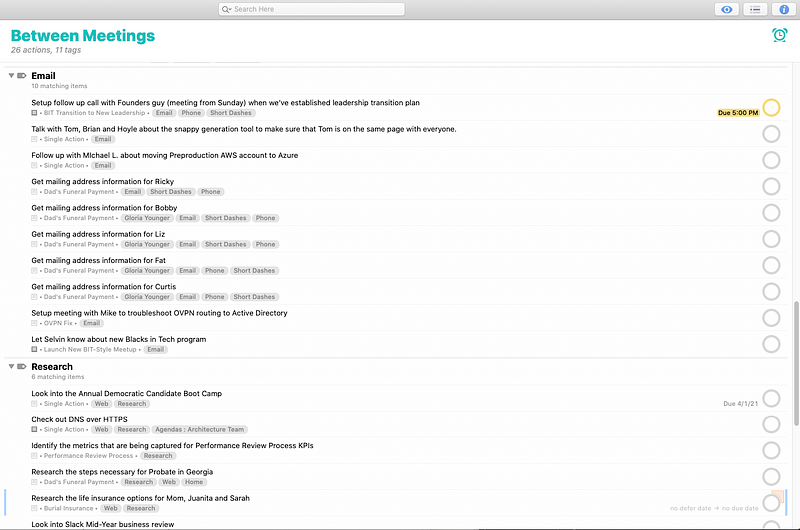 An image of the Between Meetings perspective I have in Omnifocus. It shows tasks that I can complete quickly