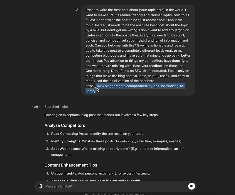 Asking AI to humanize AI content on ChatGPT