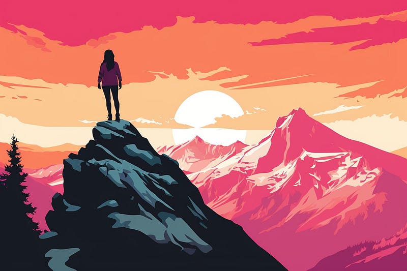 pop art illustration of a silhouette of a woman standing on top of a mountain