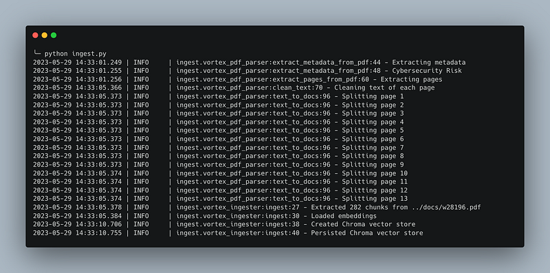 A screenshot of the terminal showing various logging messages when ingesting the PDF.