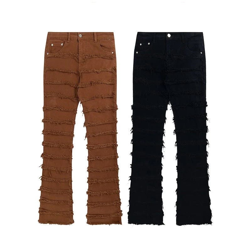Mens’ baggy distressed jeans in brown and black with stacked styling
