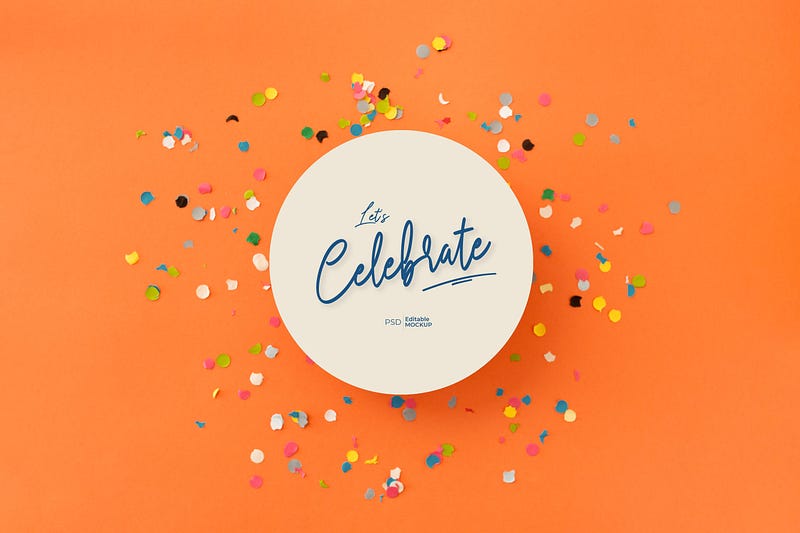 Welcome New Writers, Let’s Celebrate. Orange background, Konfetti and Let’s celebrate cake.