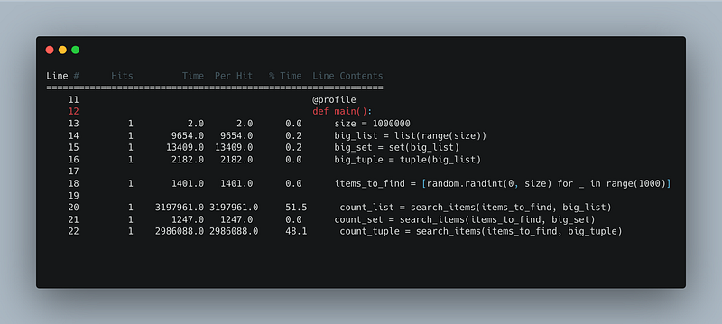 A screenshot of the output from the line profiler when running the Sets vs Tuples script