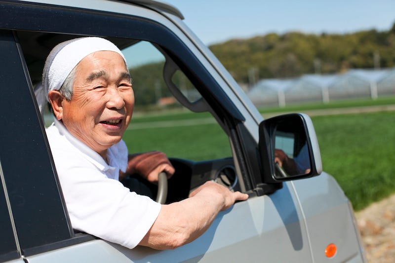 A friendly old man smiles at a tourist traveling in the Japanese countryside