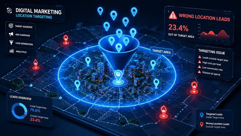 Digital marketing dashboard featuring a 3D city map and funnel model, highlighting a targeting issue where 23.4% of leads fall outside the designated area.