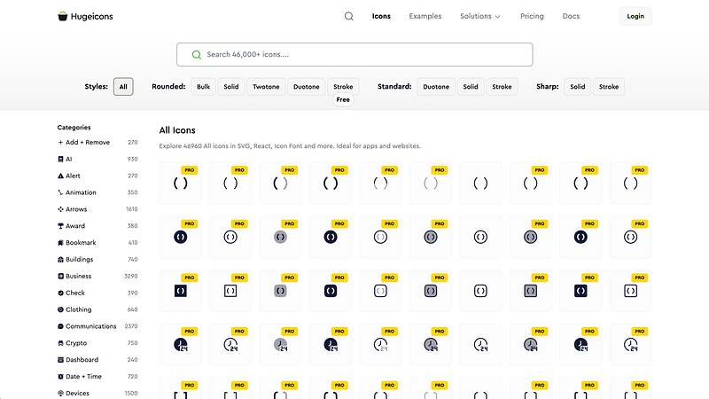 4,000+ icons with consistent stroke and fill variants. Best for large-scale product design.
