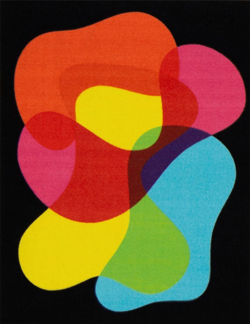A black rug with overlapping blobs of colour. Where the green, yellow, pink, and orange blobs intersect, the blobs become the colour of the originals combined.