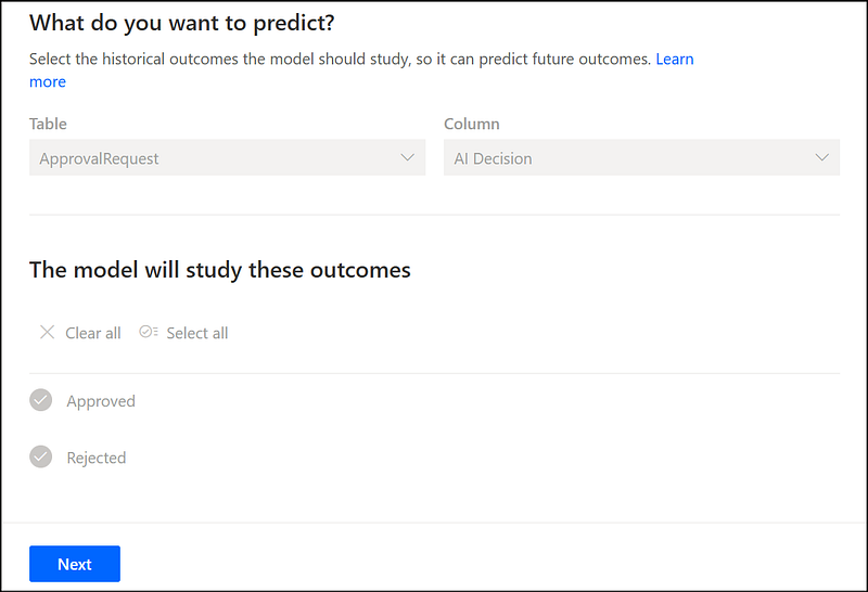 AI Builder prediction model configuration screen in Power Automate