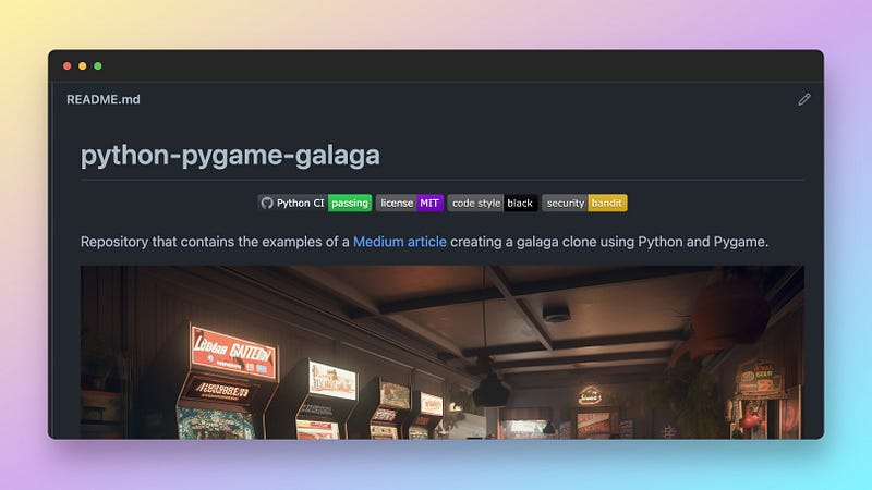 A screenshot of the README.md file when viewing it through the GitHub website. It displays various status badges.