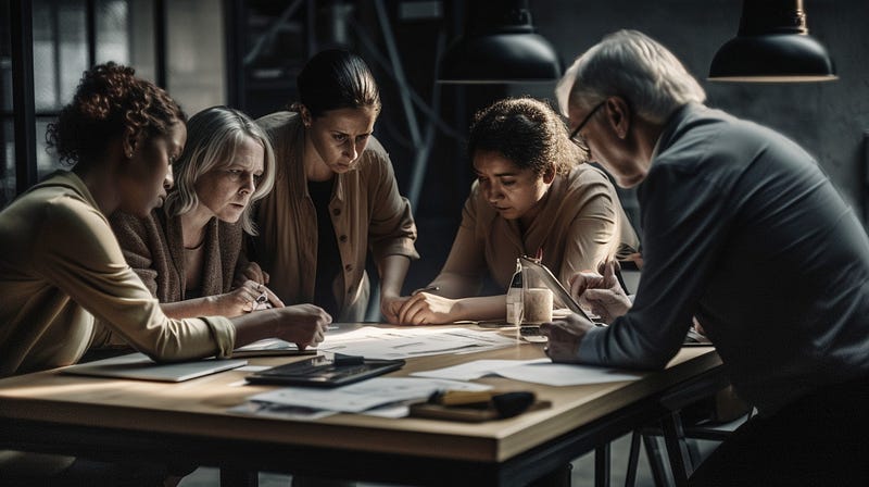 Several people sitting around a table looking at a piece of paper.
