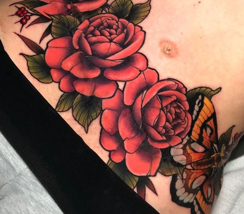 Red Roses Tummy Tuck Tattoo