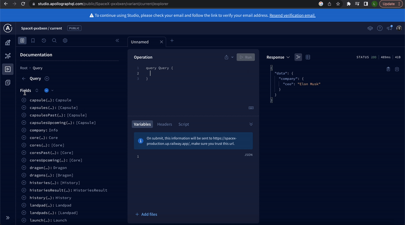 Free SpaceX graphQL API example — playground. gif file that shows the playground for working with the api
