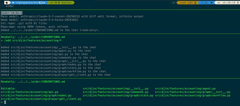Terminal screenshot showing Aider CLI (v0.82.2) with Claude 3.7 Sonnet loading a complete vertical slice of code. The command “/add src/djin/features/accounting/*” adds multiple related files from the accounting feature module, demonstrating how vertical slice architecture allows an AI tool to access all aspects of a feature simultaneously without context switching between layers.