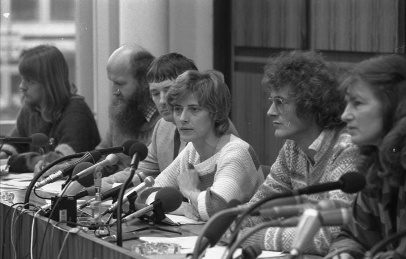 Historical image of Green Party press conference on the outcome of the Bundestag election in 1983