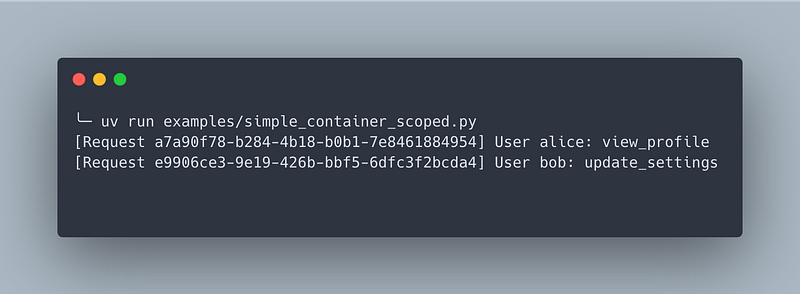 Screenshot of running the example Python script.