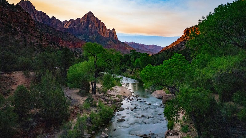 A stream in a mountain landscape with trees.