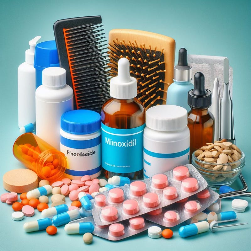 Comprehensive visual guide on hair loss medications, detailing the usage and dosage of Minoxidil, Finasteride, Spironolactone, and Flutamide for effective hair regrowth treatment.
