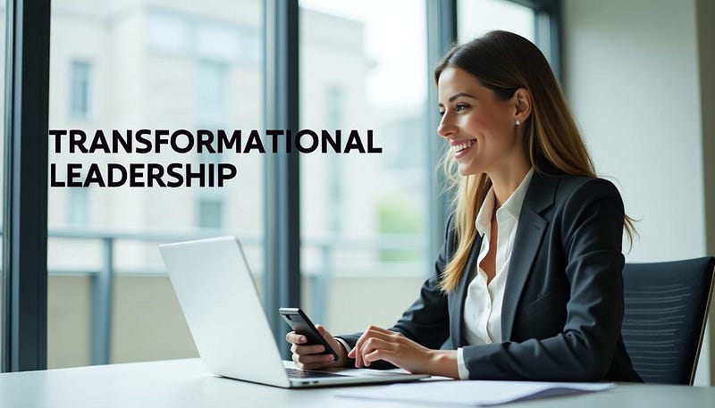 A business woman is sitting behind her desk using her laptop and mobile phone. To the left of the image are the large, bold words “Transformational Leadership.”