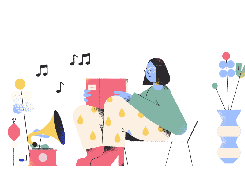 Illustration of a girl reading book with the music on