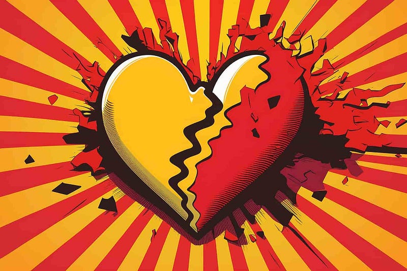 Pop art image of a yellow and red heart breaking in half