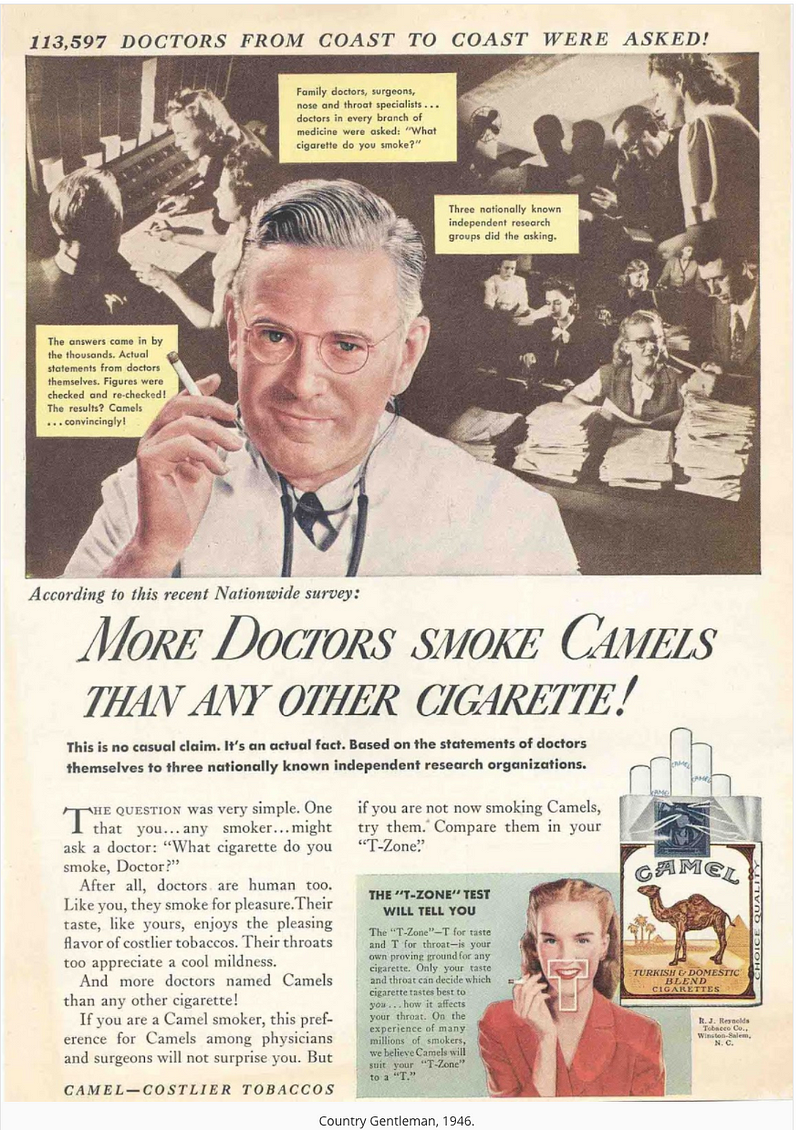 An old advertisement showing a doctor recommending cigarettes.