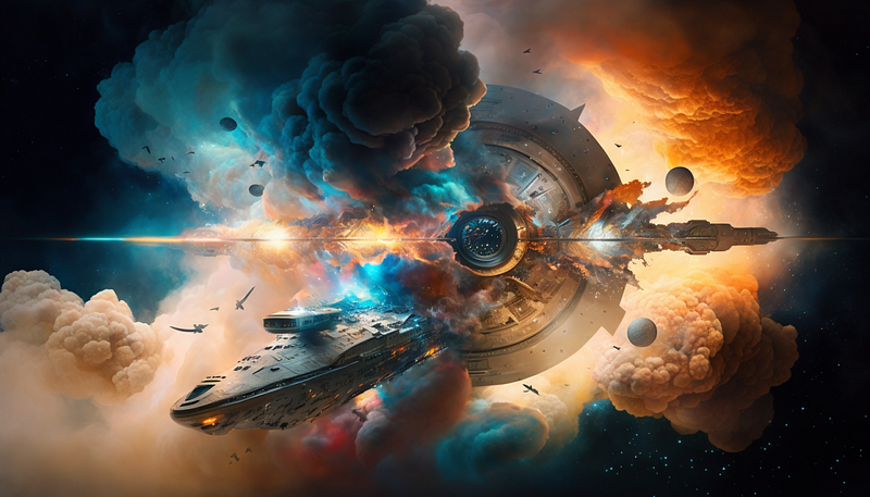 Scene of Trek style Starships travelling through nebulas in space. Created in MidJourney.