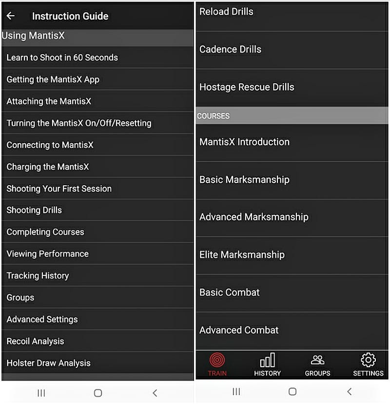 Mantis X10 Elite app instructions and courses menu